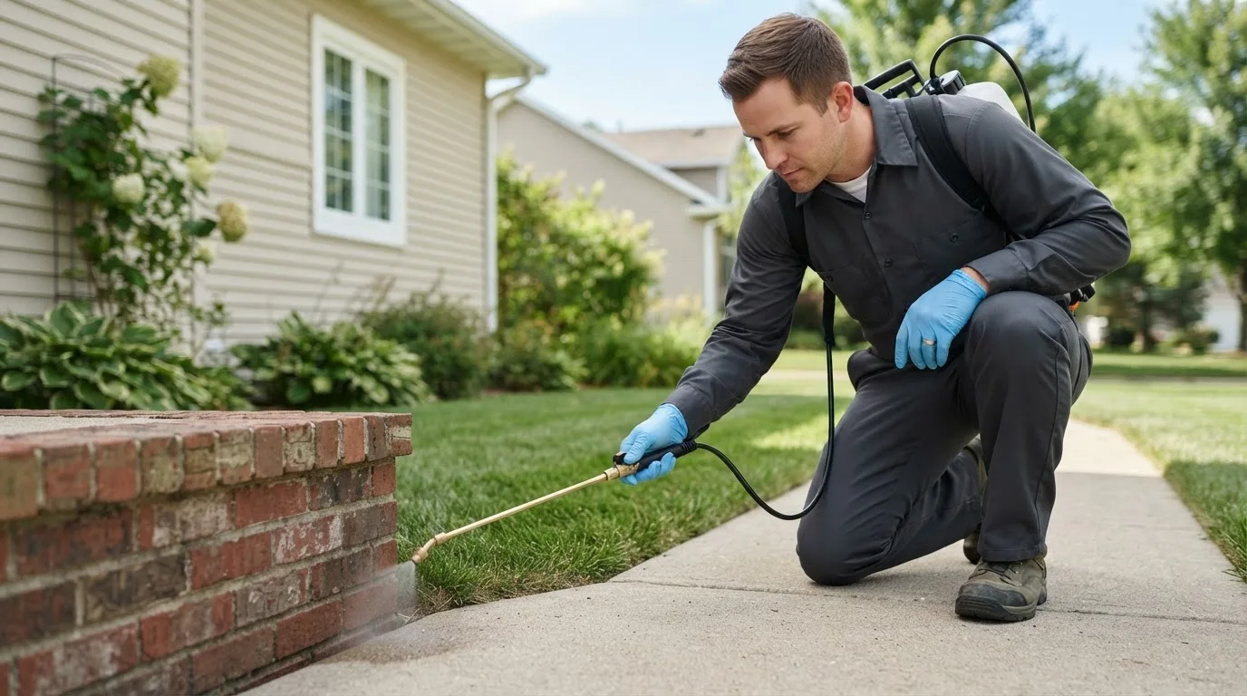 Pest control technician treating a home near Hardy, IA