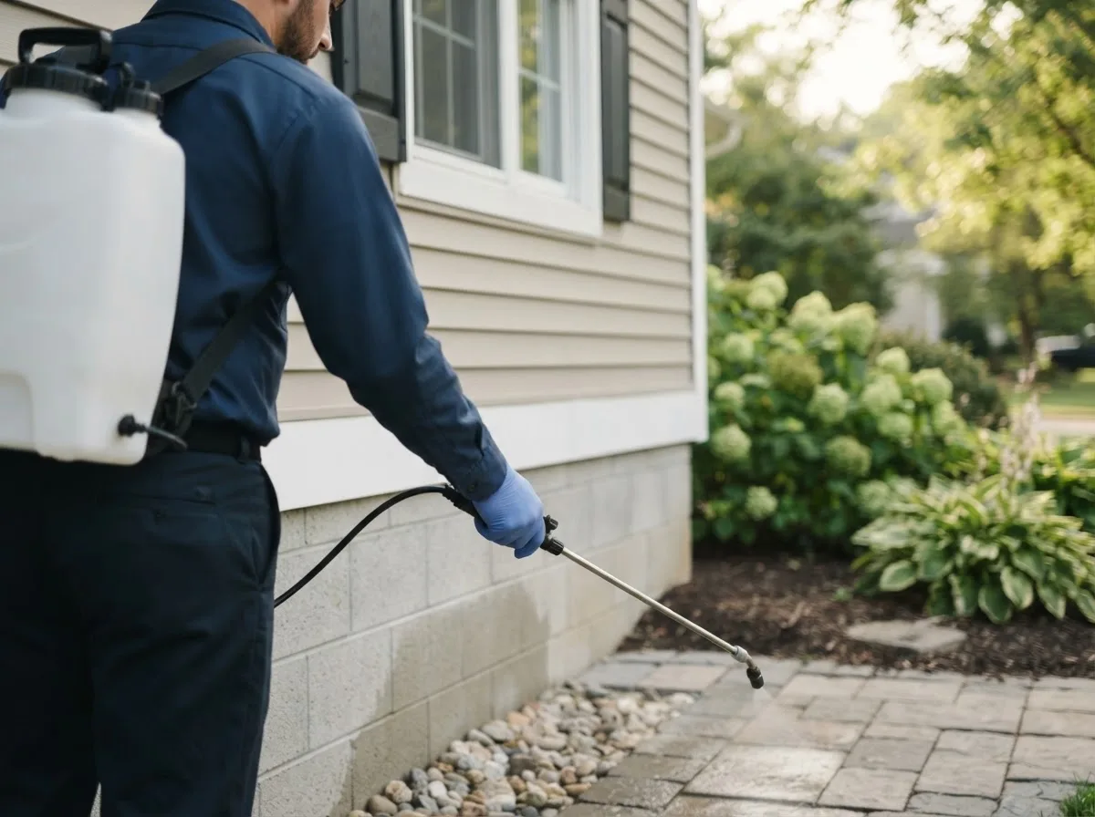 Pest control technician inspecting a home in Hardy, IA